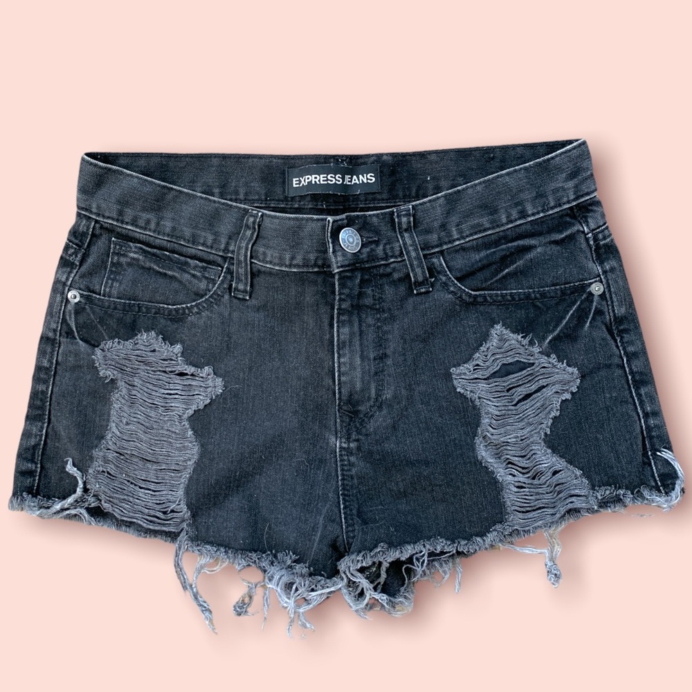 Express high rise distressed denim cutoff shorts…faded black wash..size 6
